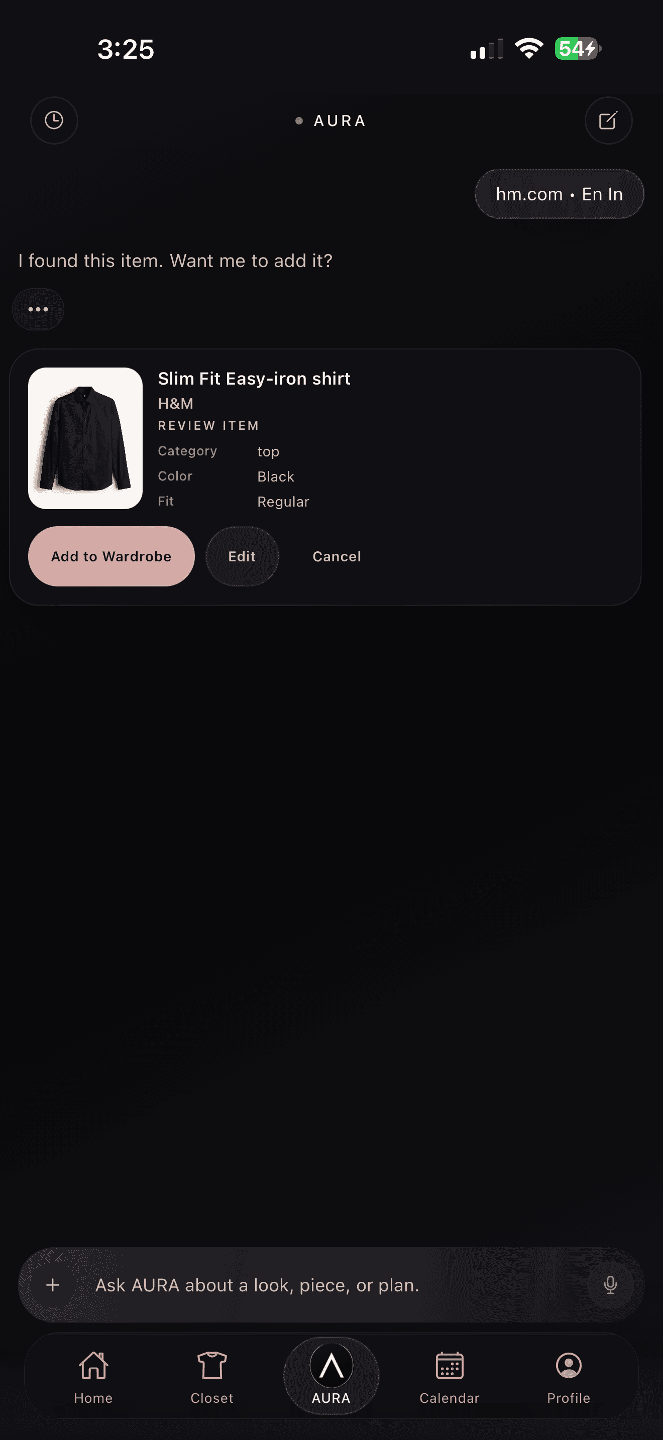 AURA add-to-wardrobe screen reviewing an item from a shopping page.