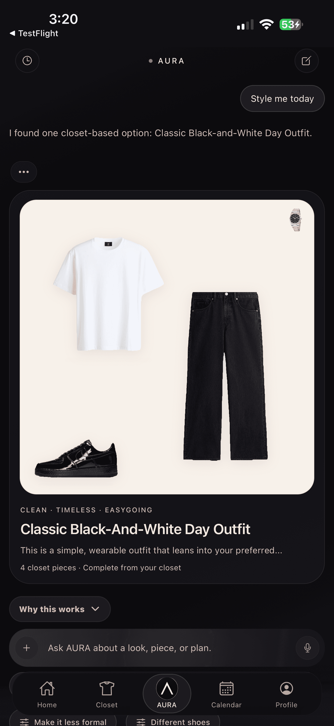 AURA stylist chat screen recommending a closet-aware outfit.