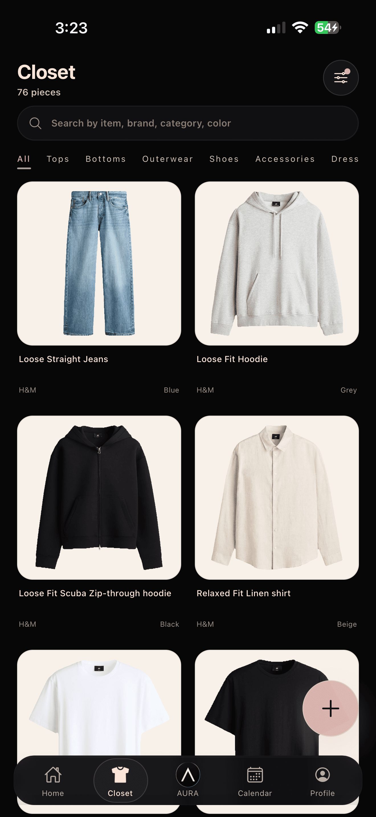 AURA closet screen showing uploaded wardrobe items.