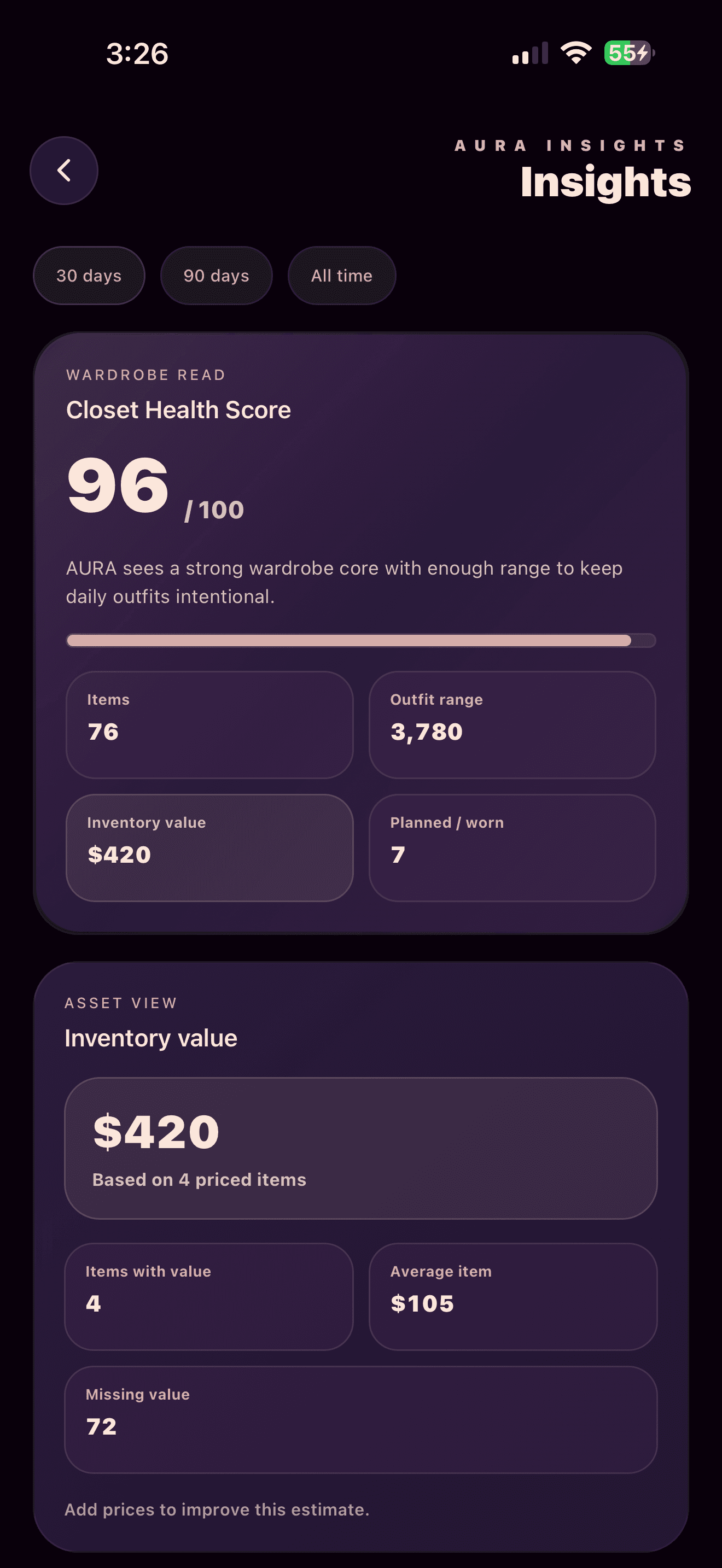 AURA insights screen showing wardrobe health and inventory summaries.