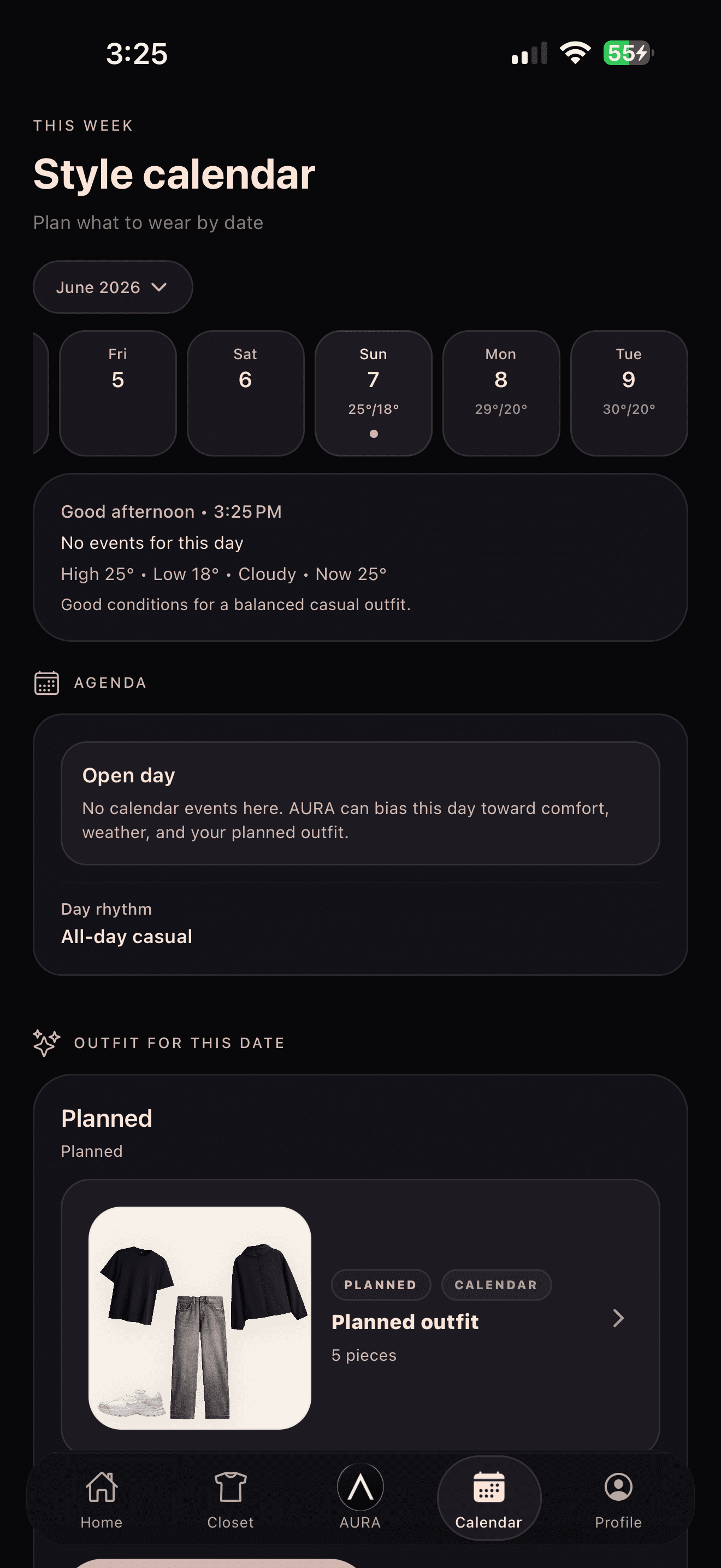 AURA style calendar screen for planning outfits by date.
