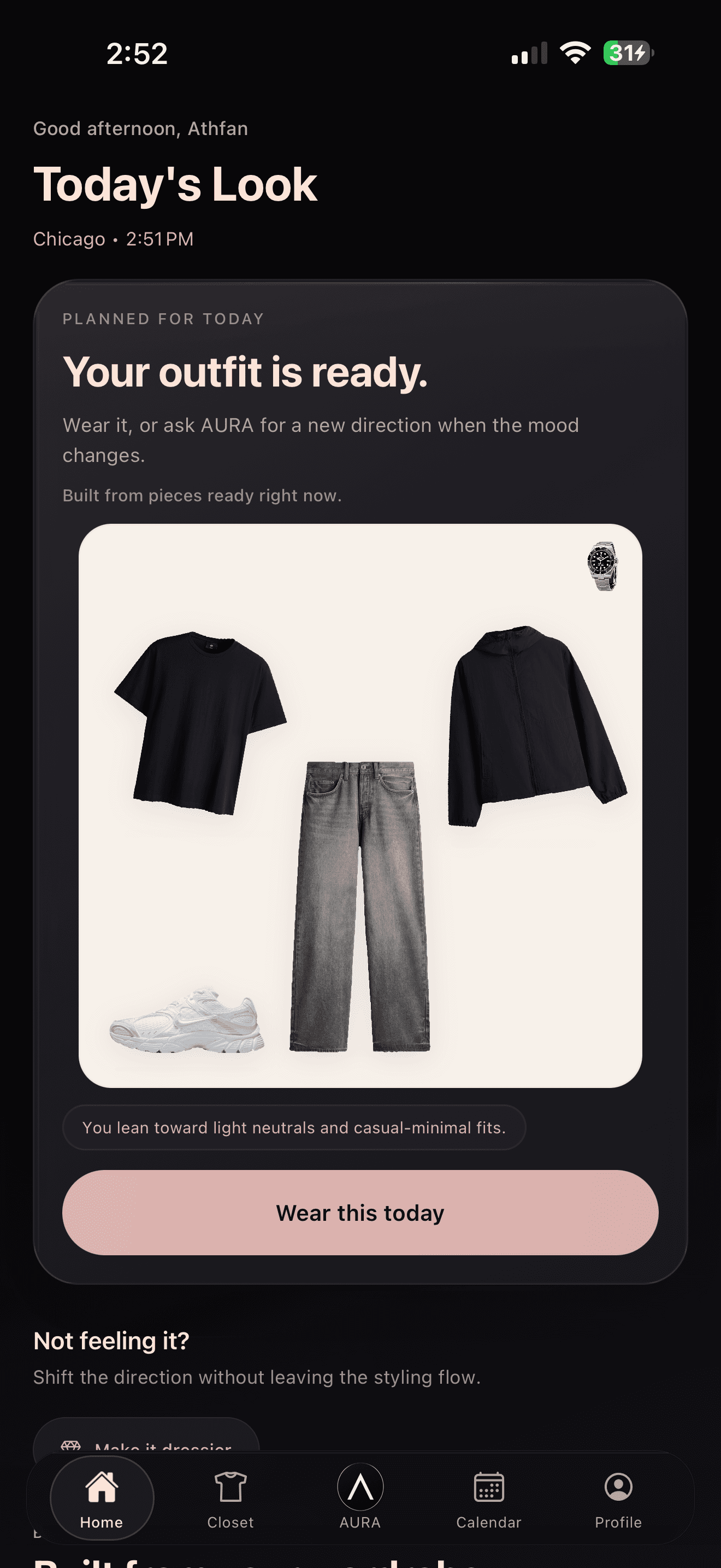 AURA Today Look screen showing a planned outfit recommendation.